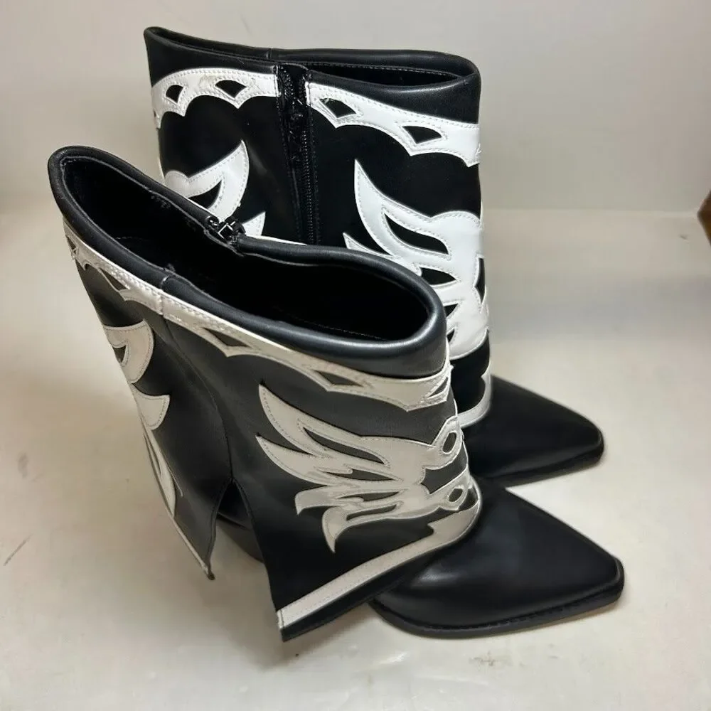 INC Womens 7 M Black White Smooth Jadiza Western High Heel Boots DISPLAY QK0
